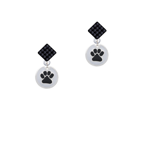 Black Paw on White Disc Black Crystal Diamond-Shape Earrings