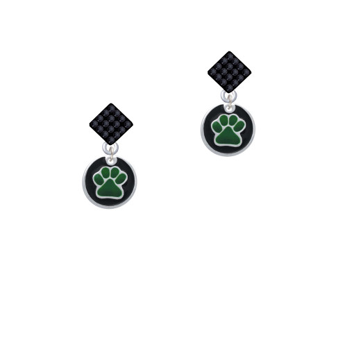 Green Paw on Black Disc Black Crystal Diamond-Shape Earrings