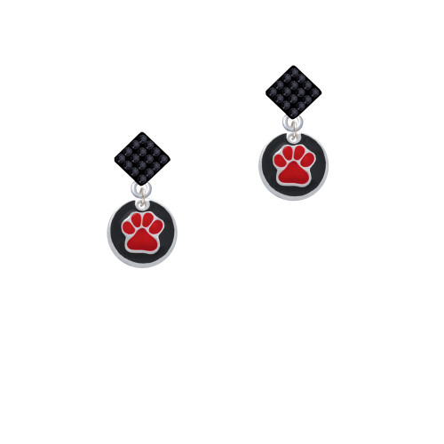 Red Paw on Black Disc Black Crystal Diamond-Shape Earrings