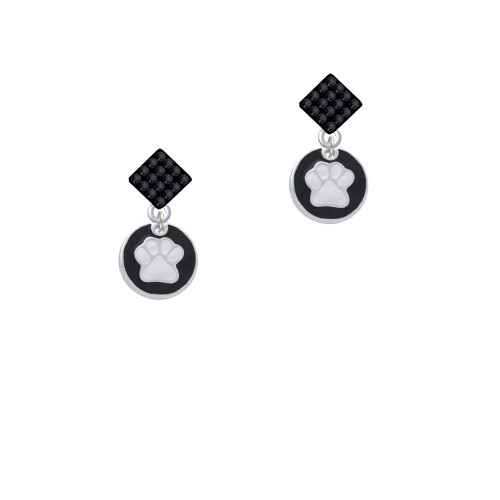 White Paw on Black Disc Black Crystal Diamond-Shape Earrings