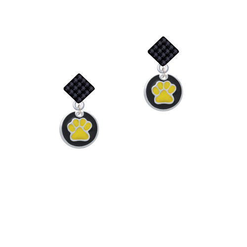 Yellow Paw on Black Disc Black Crystal Diamond-Shape Earrings