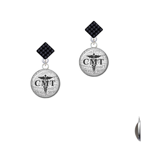 Domed Black CMT Black Crystal Diamond-Shape Earrings