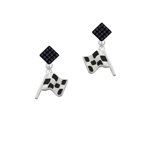 Checkered Race Flag Black Crystal Diamond-Shape Earrings