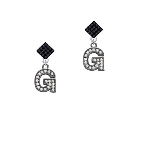 Crystal Black Initial - G - Beaded Border - Black Crystal Diamond-Shape Earrings