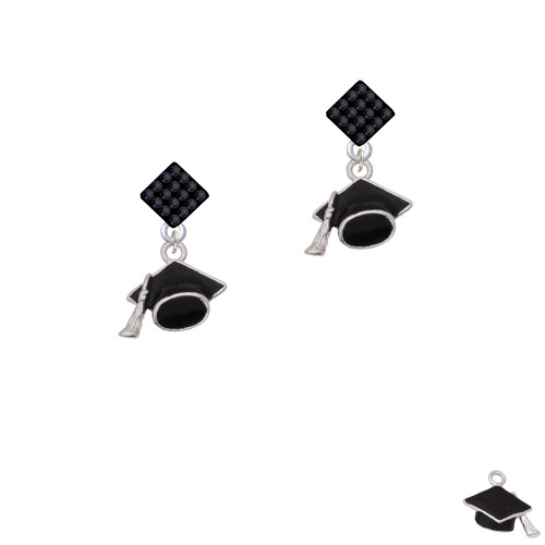3-D Graduation Hat Black Crystal Diamond-Shape Earrings