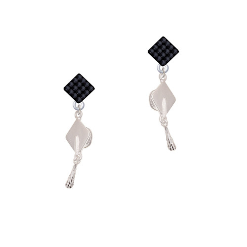 Graduation Hat Black Crystal Diamond-Shape Earrings