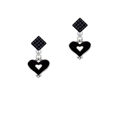 Black and White Enamel Heart Black Crystal Diamond-Shape Earrings