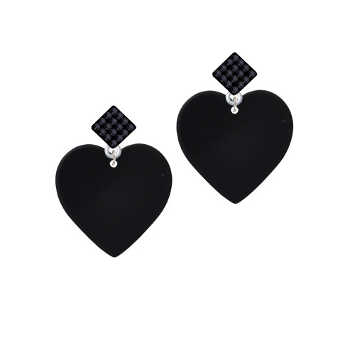 Acrylic 1" Black Heart Black Crystal Diamond-Shape Earrings