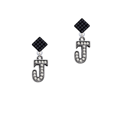 Crystal Black Initial - J - Beaded Border - Black Crystal Diamond-Shape Earrings
