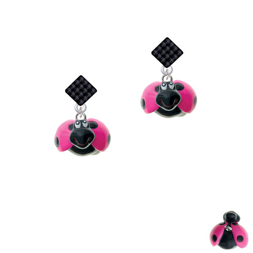 Resin Hot Pink & Black Ladybug Sweetie Black Crystal Diamond-Shape Earrings