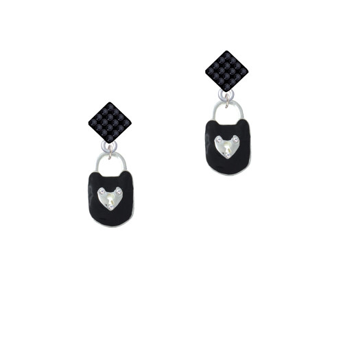 Black Enamel Lock with Clear Crystals Black Crystal Diamond-Shape Earrings