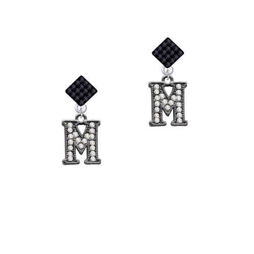 Crystal Black Initial - M - Beaded Border - Black Crystal Diamond-Shape Earrings