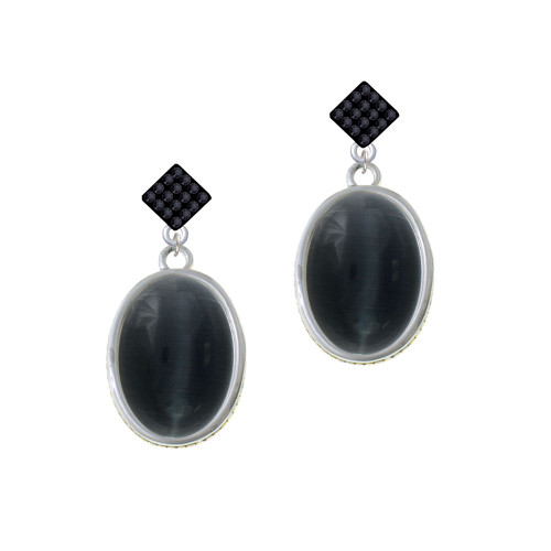 Oval - Imitation Cat's Eye - Black - Black Crystal Diamond-Shape Earrings