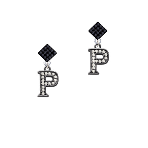 Crystal Black Initial - P - Beaded Border - Black Crystal Diamond-Shape Earrings