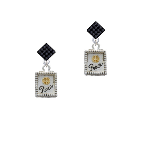 Shadow Box ''Peace'' with Gold Tone Peace Sign Black Crystal Diamond-Shape Earrings