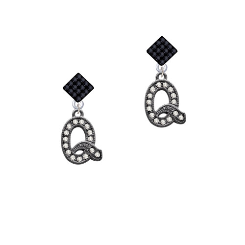Crystal Black Initial - Q - Beaded Border - Black Crystal Diamond-Shape Earrings