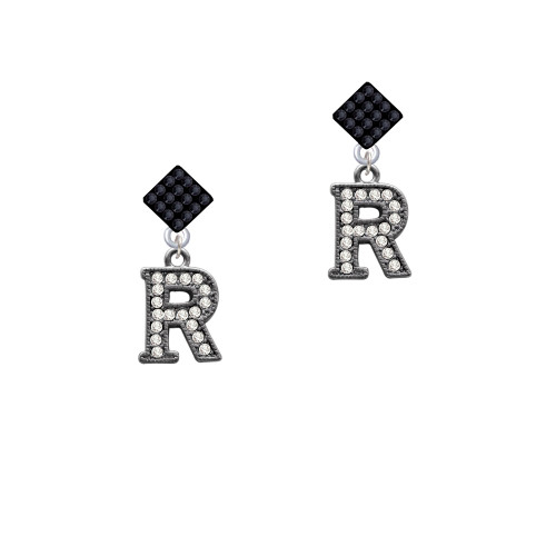Crystal Black Initial - R - Beaded Border - Black Crystal Diamond-Shape Earrings