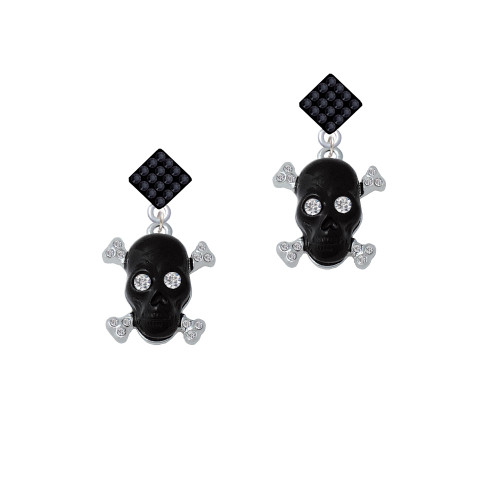 Large Black Resin Skull with Clear Crystals Black Crystal Diamond-Shape Earrings
