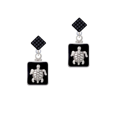 Turtle on Black Frame Black Crystal Diamond-Shape Earrings