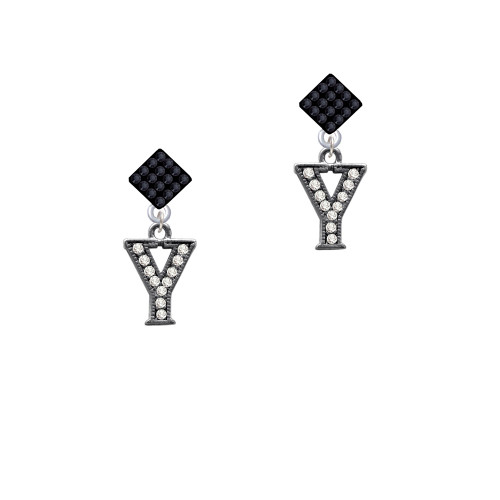 Crystal Black Initial - Y - Beaded Border - Black Crystal Diamond-Shape Earrings