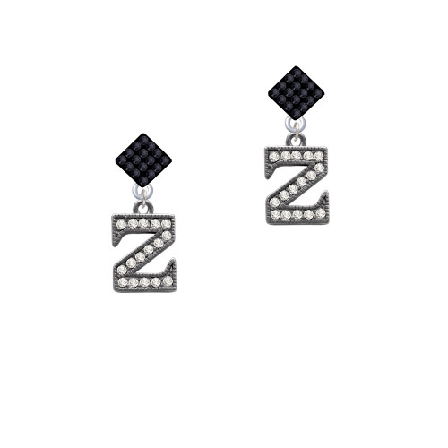 Crystal Black Initial - Z - Beaded Border - Black Crystal Diamond-Shape Earrings