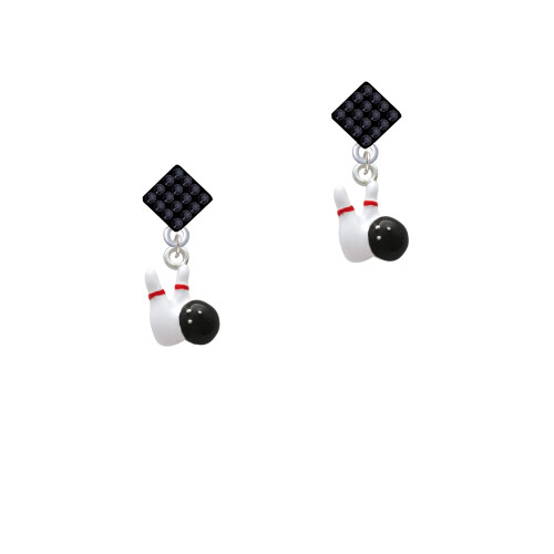 Bowling Pins with Bowling Ball Black Crystal Diamond-Shape Earrings