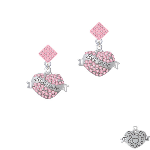 Believe Banner on Pink Crystal Heart Pink Crystal Diamond-Shape Earrings