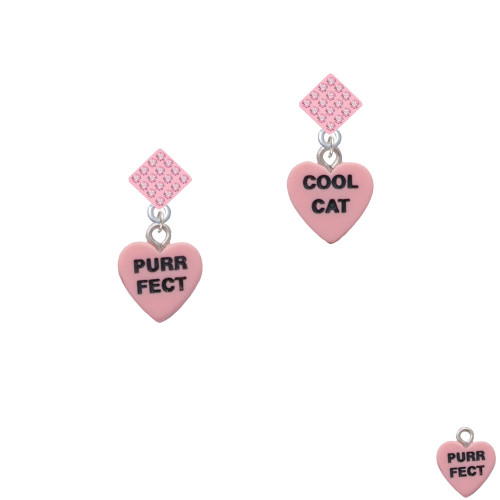 Acrylic Pink "Cool Cat / Purr Fect" Heart Pink Crystal Diamond-Shape Earrings