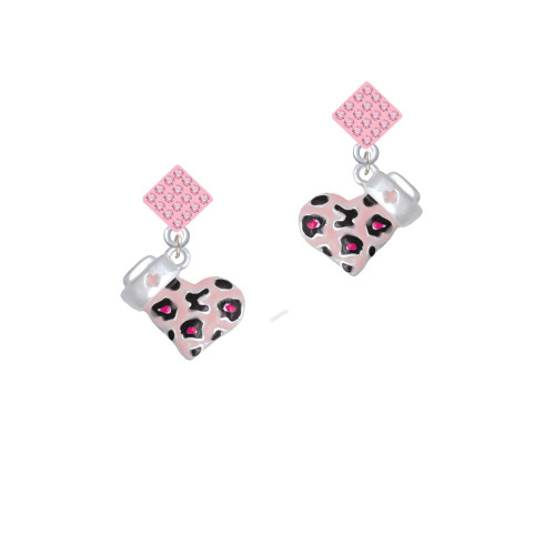 Pink Cheetah Print Heart with Nurse Hat Pink Crystal Diamond-Shape Earrings