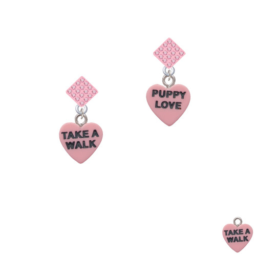 Acrylic Pink "Puppy Love / Take a Walk" Heart Pink Crystal Diamond-Shape Earrings