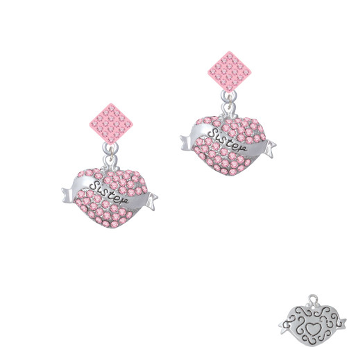 Sister Banner on Pink Crystal Heart Pink Crystal Diamond-Shape Earrings
