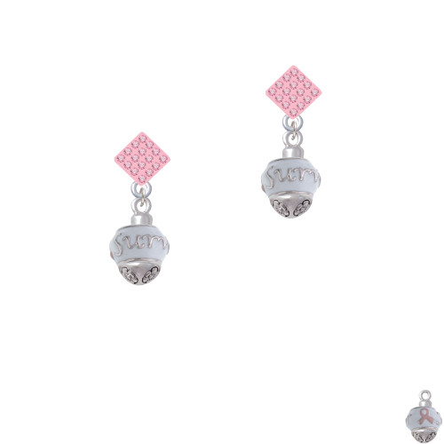 Survivor with Pink Ribbon on White Spinners Pink Crystal Diamond-Shape Earrings
