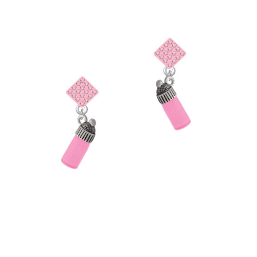 3-D Pink Baby Bottle Pink Crystal Diamond-Shape Earrings