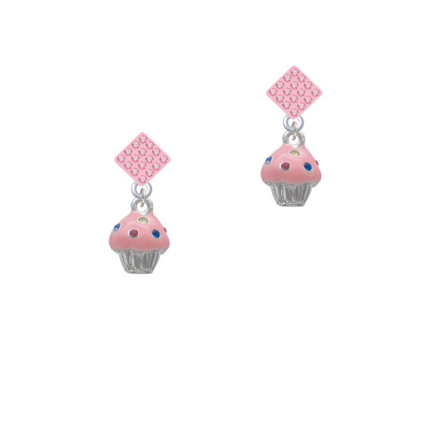 Small Pink Cupcake with Crystal Sprinkles Pink Crystal Diamond-Shape Earrings