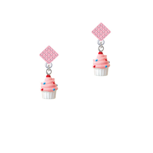Resin Mini White Cupcake with Pink Frosting Pink Crystal Diamond-Shape Earrings