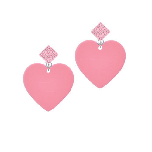 Acrylic 1" Pink Heart Pink Crystal Diamond-Shape Earrings