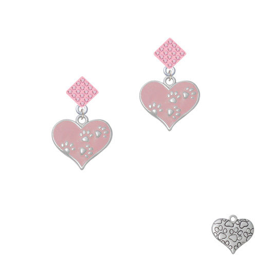 Pink Enamel Heart with Paw Prints Pink Crystal Diamond-Shape Earrings