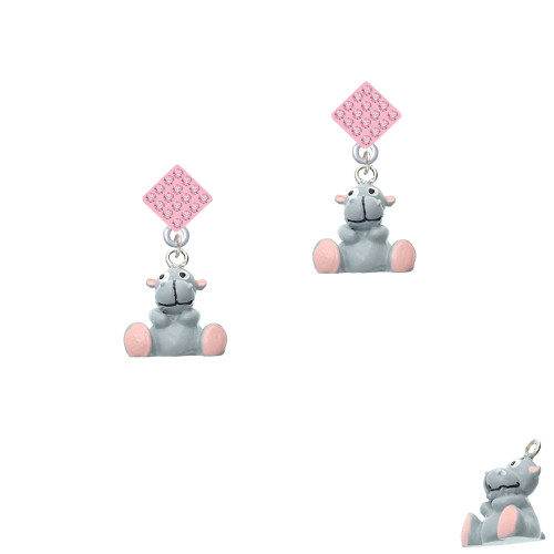 Resin Gray Hippopotamus Honey Pink Crystal Diamond-Shape Earrings