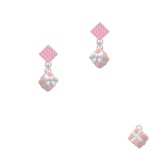 Small 3-D Pink Present Box with Bow Pink Crystal Diamond-Shape Earrings