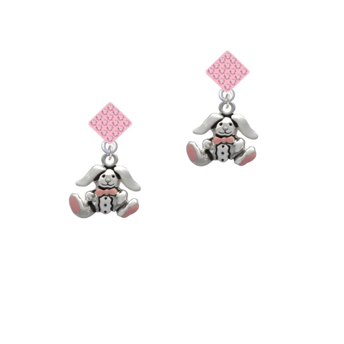 Sitting Bunny with Easter Egg Pink Crystal Diamond-Shape Earrings