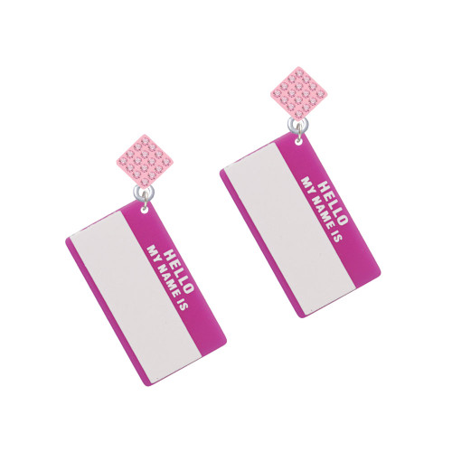 Acrylic Pink "Hello" Name Tag Pink Crystal Diamond-Shape Earrings
