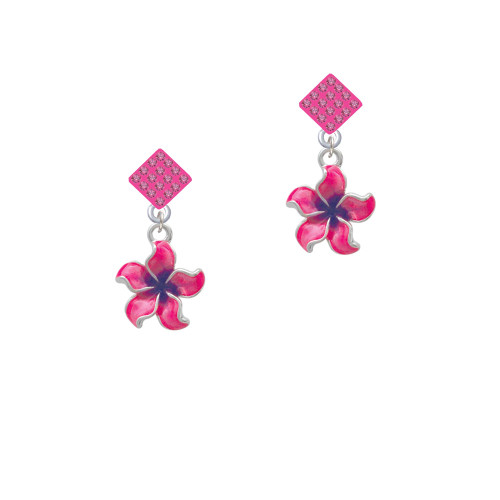 Hot Pink and Purple Plumeria Flower Hot Pink Crystal Diamond-Shape Earrings