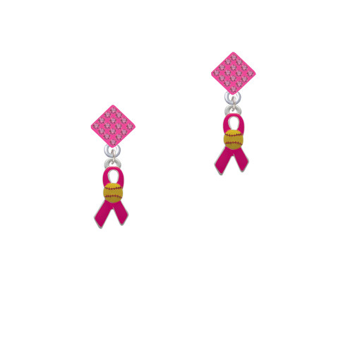 Hot Pink Ribbon with Softball Hot Pink Crystal Diamond-Shape Earrings