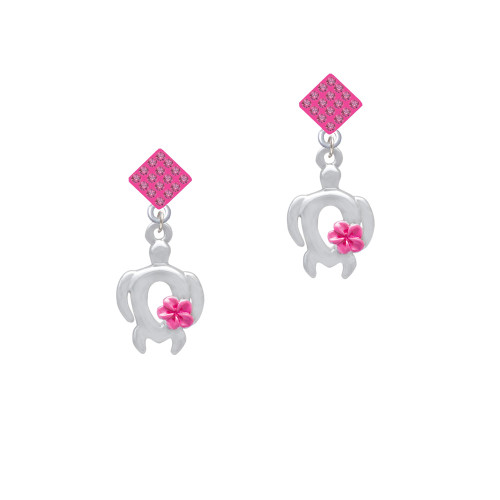 Open Sea Turtle with Hot Pink Plumeria Hot Pink Crystal Diamond-Shape Earrings
