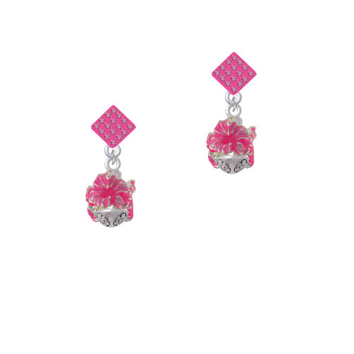 Hot Pink Hibiscus Flowers Spinner Hot Pink Crystal Diamond-Shape Earrings