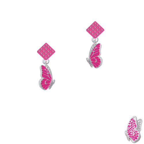 Translucent Hot Pink Flying Butterfly Hot Pink Crystal Diamond-Shape Earrings