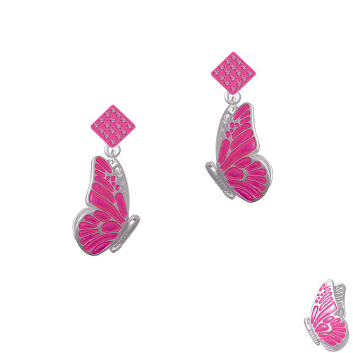 Large Translucent Hot Pink Flying Butterfly Hot Pink Crystal Diamond-Shape Earrings