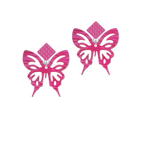 Acrylic Medium Cut Out Butterfly Magenta Hot Pink Crystal Diamond-Shape Earrings