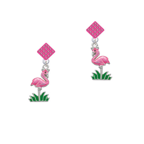 Hot Pink Enamel Flamingo with Grass Hot Pink Crystal Diamond-Shape Earrings