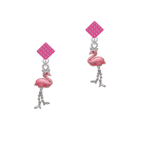 Flamingo with Dangle Legs Hot Pink Crystal Diamond-Shape Earrings